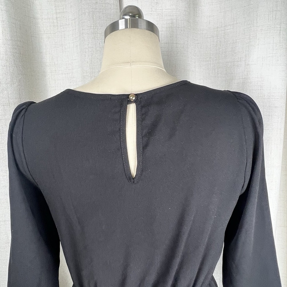 Everly Black Dress 3/4 Sleeves Elastic Blouson Waist Medium Classic Minimalist - Picture 6 of 9